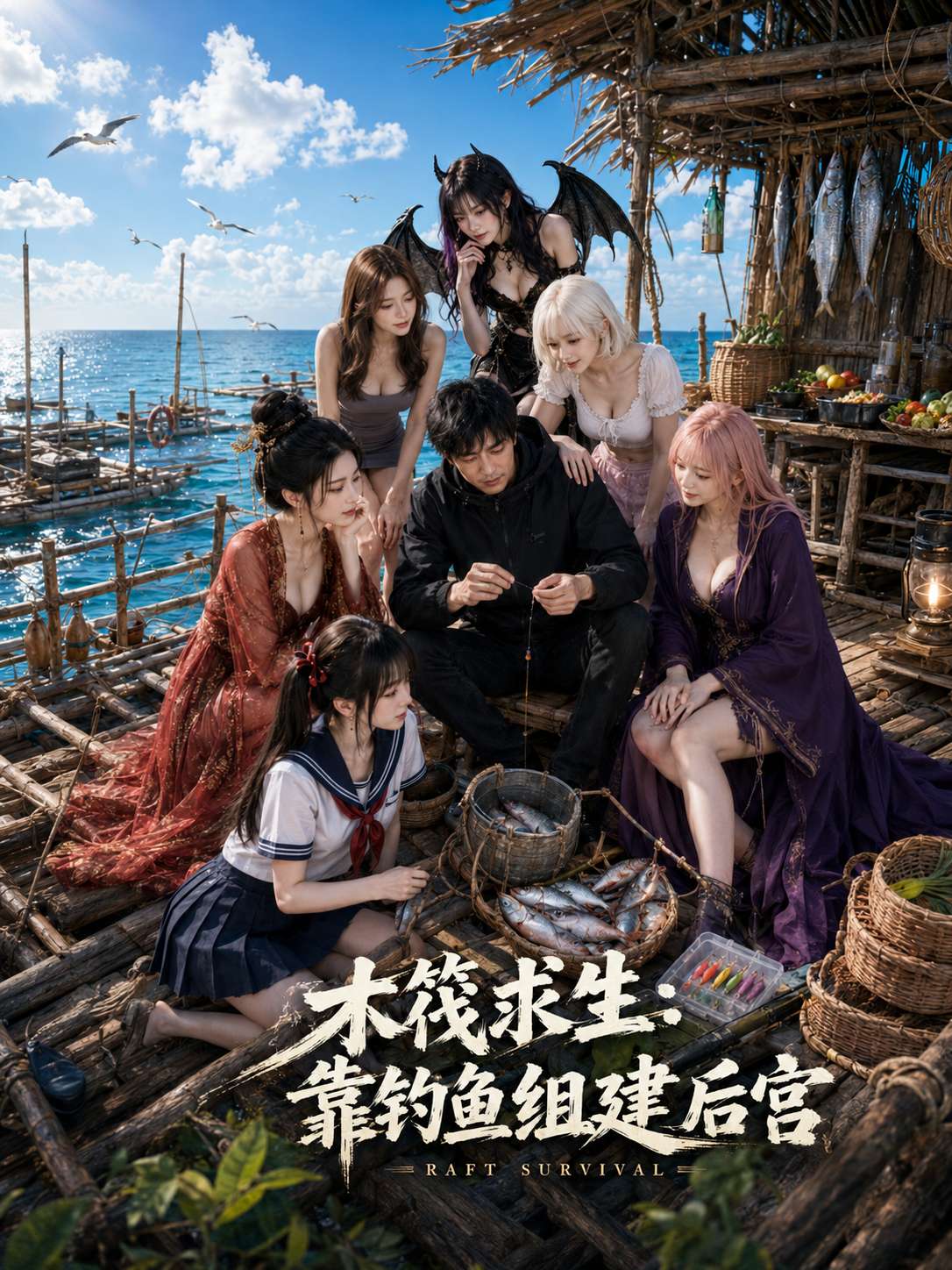 AI成人短剧：木筏求生：靠钓鱼组建后宫